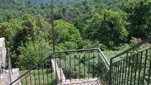 Eine Steintreppe führt zu einer Aussichtsplattform mit Blick auf ein bewaldetes Gebirge.