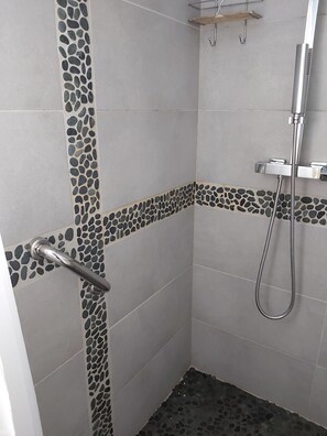 Shower, hair dryer, towels, soap