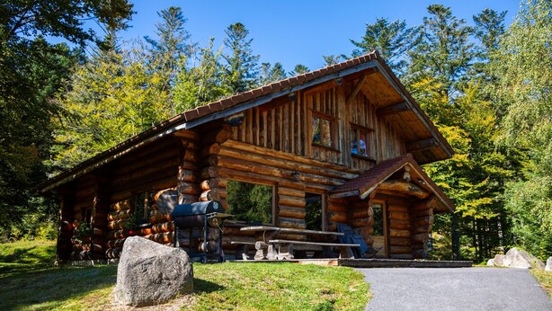 A log cabin with a porch, a barbecue grill, and a stone in the foreground. - Superbe chalet rondins de 150 m² au cœur des Vosges, sauna, wifi, groupe, famille (La Bresse)