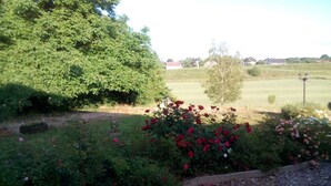 Un jardin agrémenté de diverses plantes et fleurs, un chemin de gravier et un grand arbre.