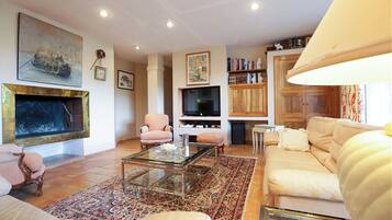 Tv, eldstad, böcker och en stereo