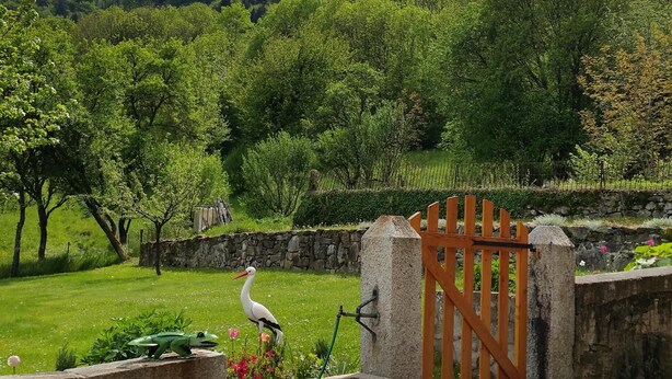 Un chemin de pierre menant à une porte, avec une montagne en arrière-plan.