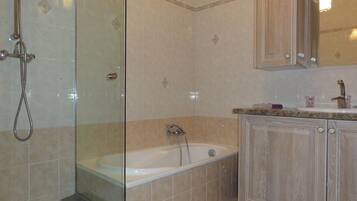 Bathtub, hair dryer, toilet paper