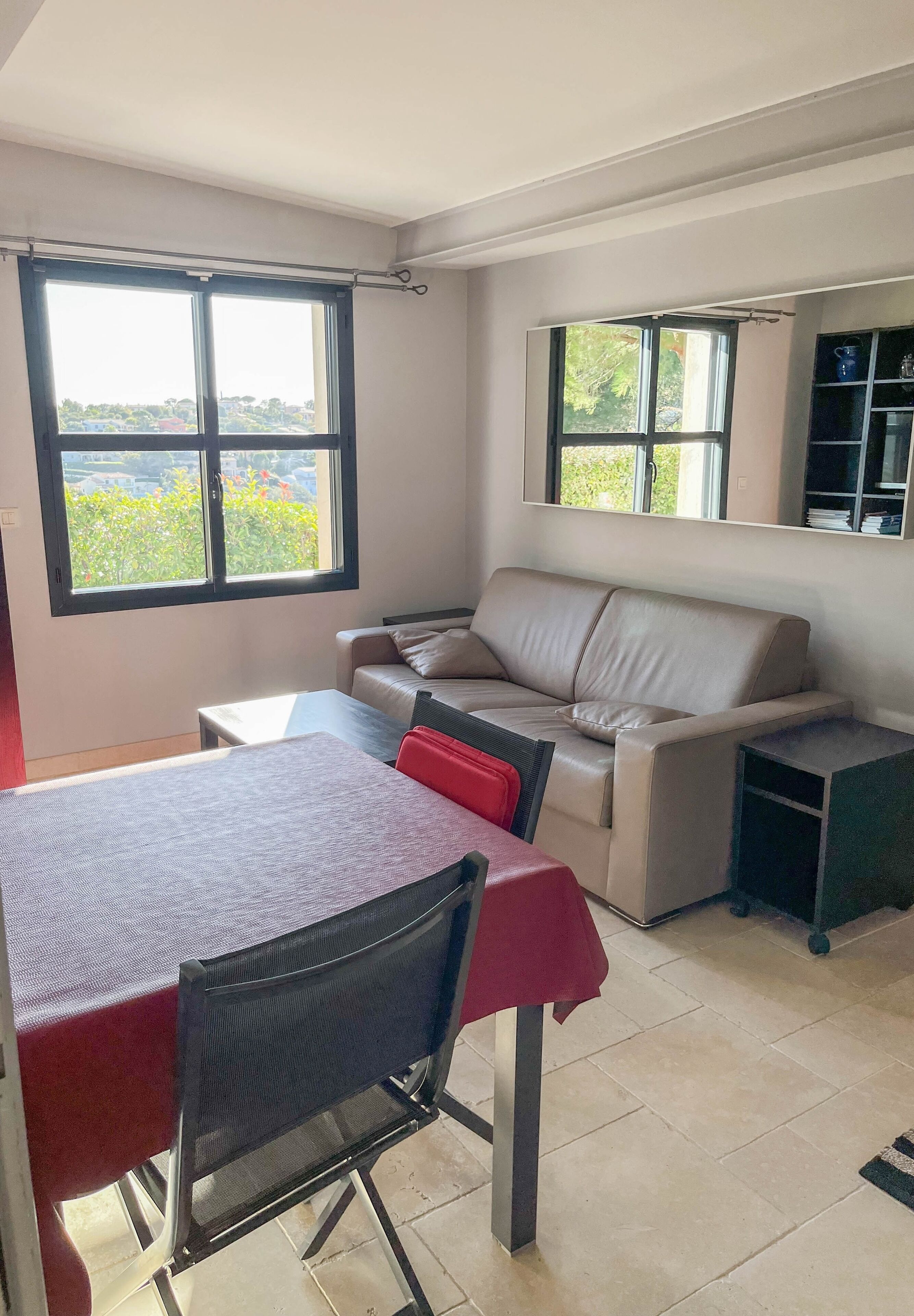 A room with a sofa, a dining table, and two windows.