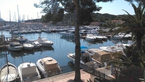 Un puerto deportivo con varias embarcaciones amarradas, rodeado de árboles y edificios.