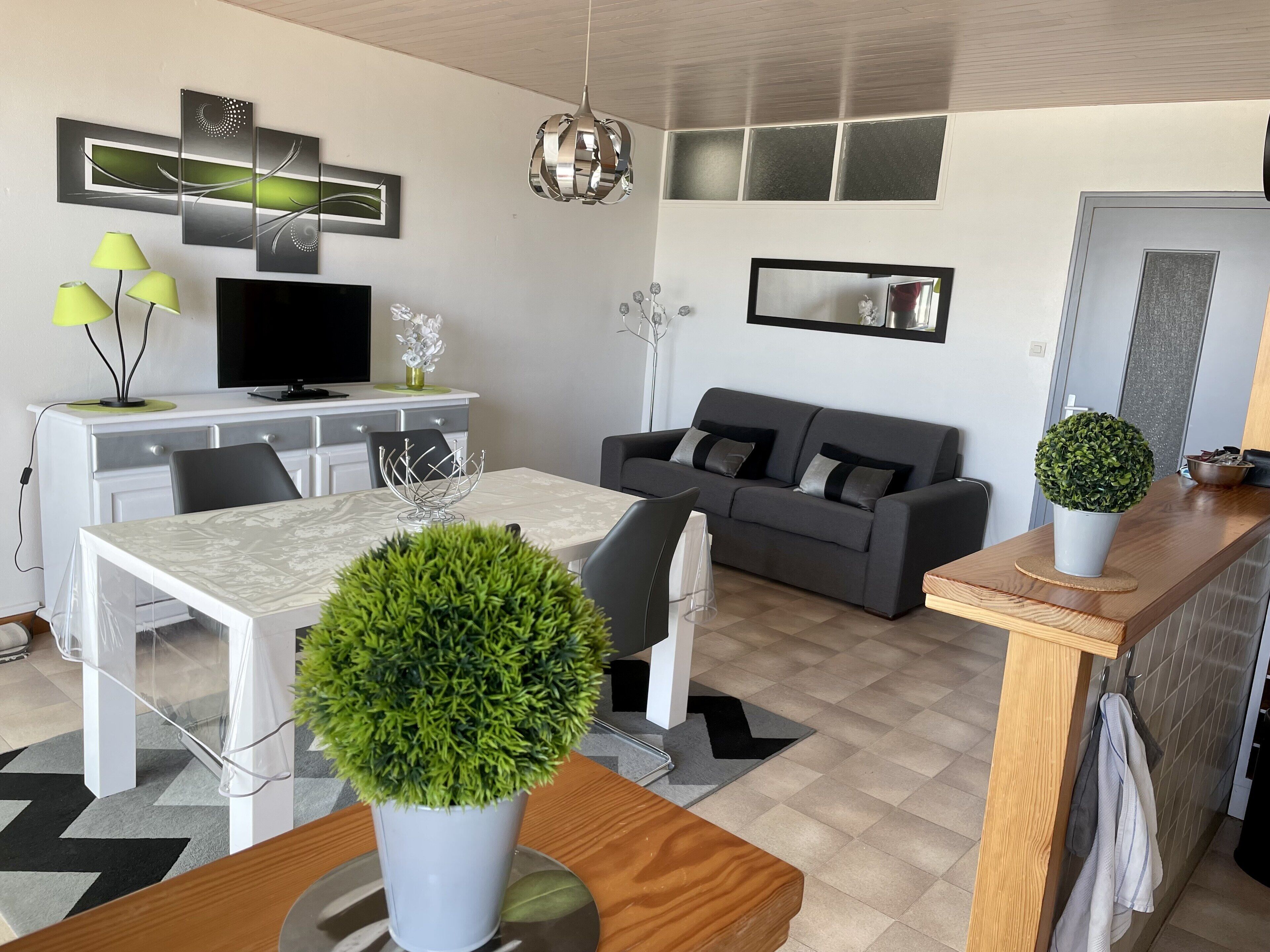 A modern living room with a dining area, a gray sofa, a TV, and decorative wall art.