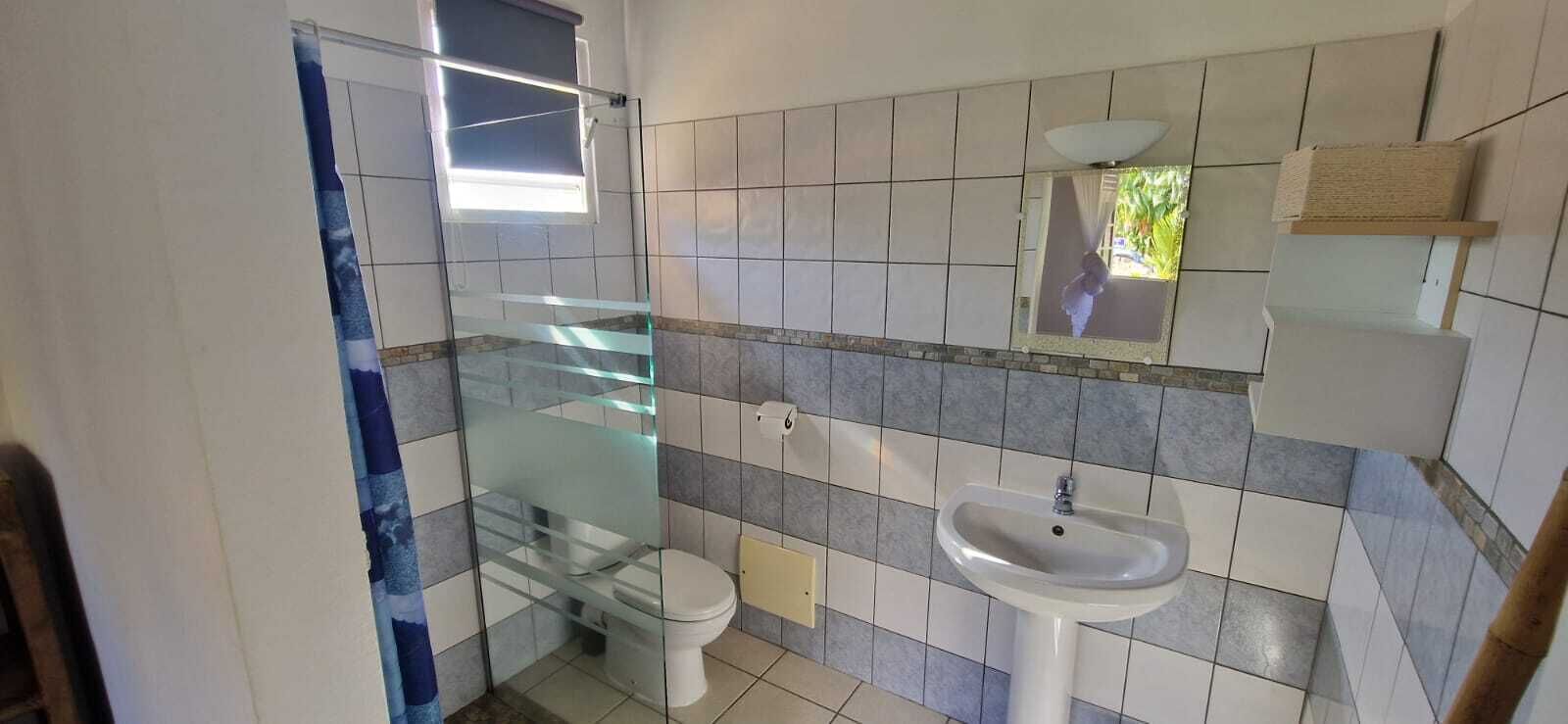 A bathroom with a glass shower enclosure, a white sink, and a toilet.