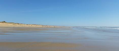A wide sandy beach with gentle waves, a clear sky, and dunes in the background.