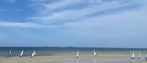 A beach with several sailboats anchored in shallow water, a clear sky, and distant land.