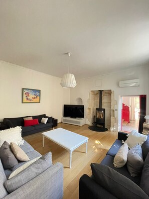 TV, fireplace, DVD player, books