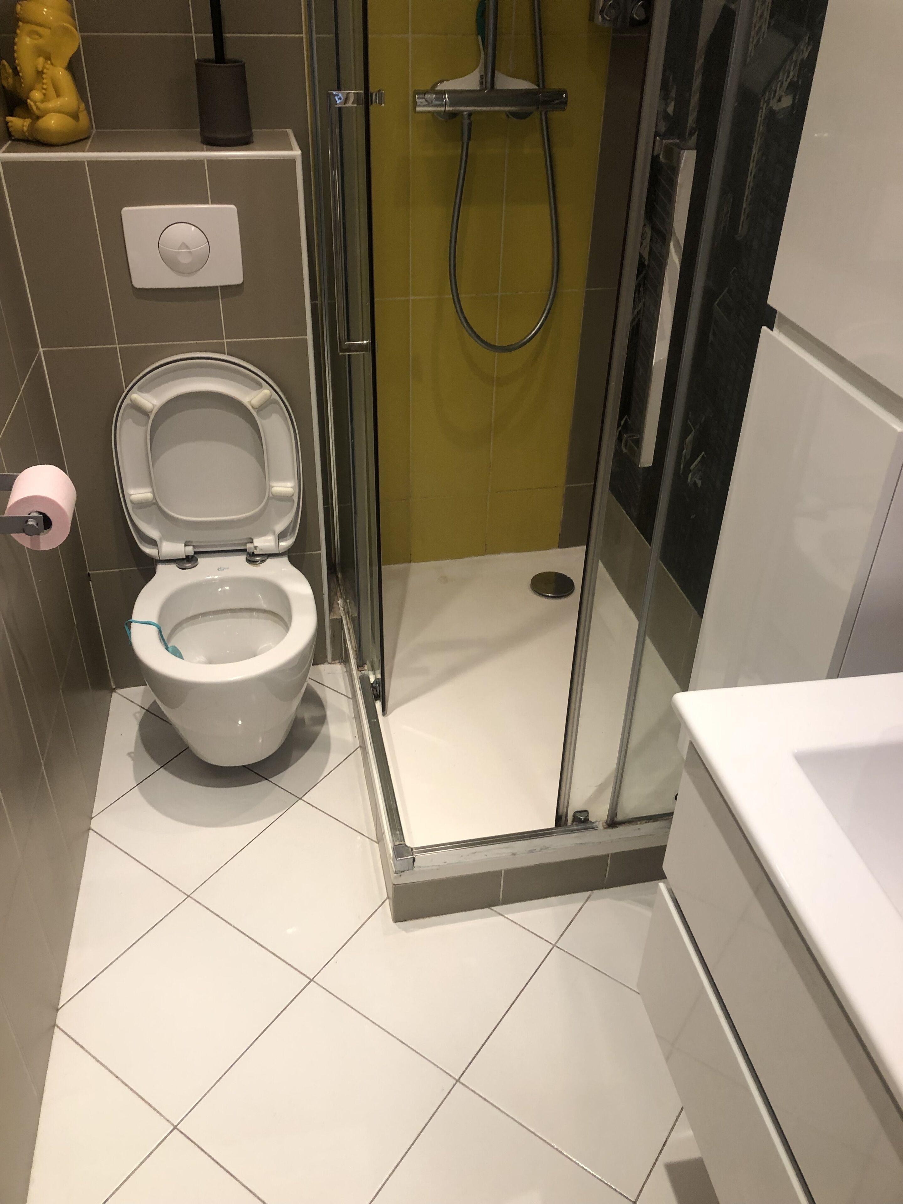 A bathroom with a toilet, a shower, and a sink.