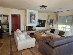 Flat-screen TV, fireplace, books