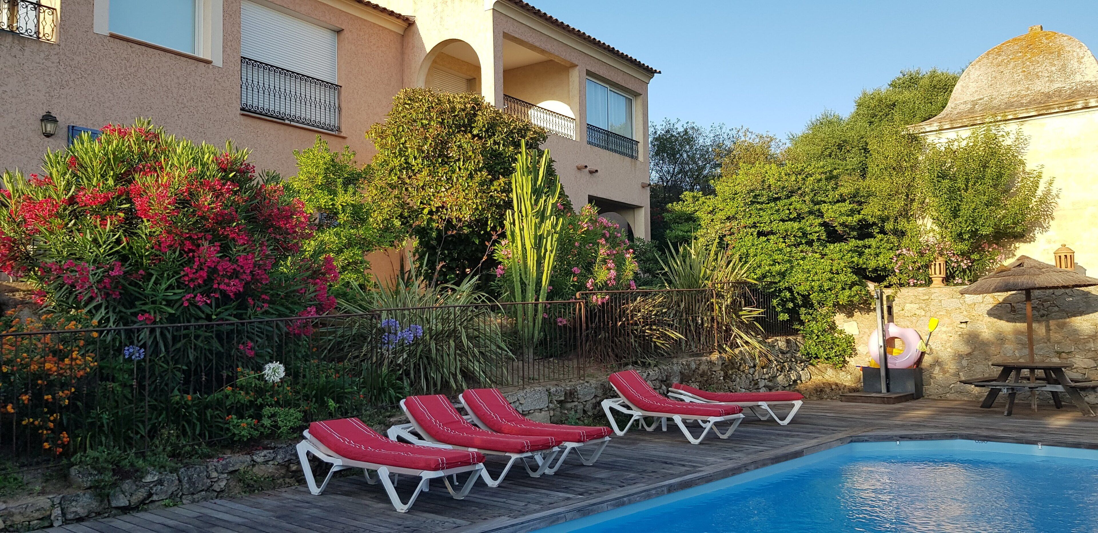 Zona de piscina con sillones reclinables rojos y una pared de piedra.