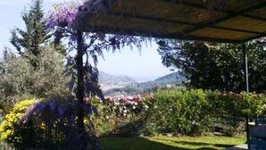 A covered outdoor area with a view of a mountainous landscape. - The old mill (Rapallo)