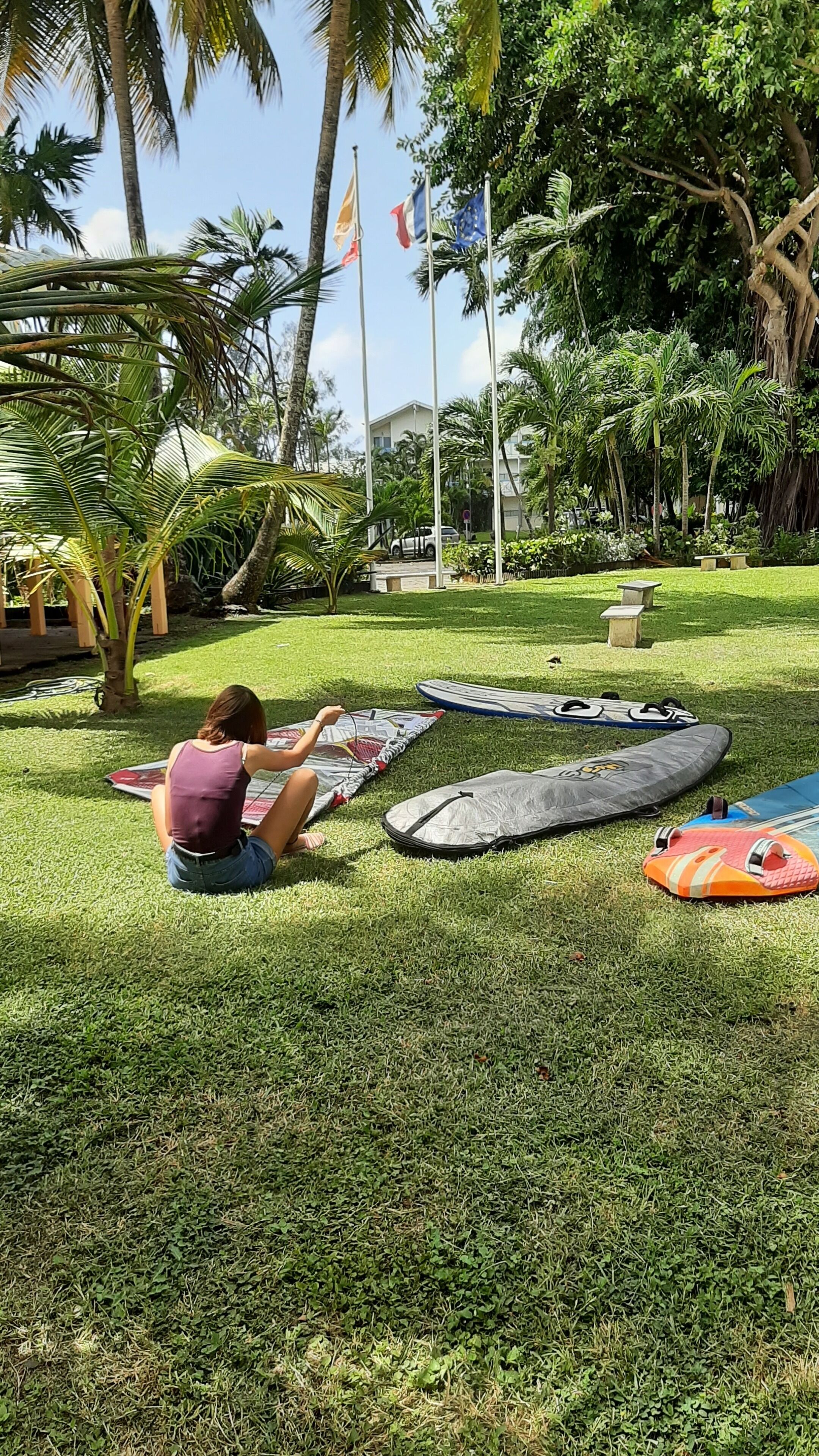 A person sitting on grass with a kite, surrounded by palm trees and flags.