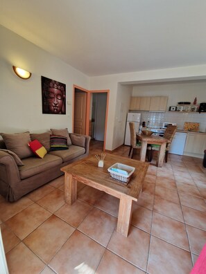 Flat-screen TV, DVD player, books