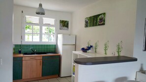 Eine Küche mit Fenster, Kühlschrank, Spüle und einer Arbeitsfläche mit Pflanzen.