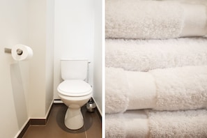 Douche, sĂšche-cheveux, serviettes fournies, papier toilette