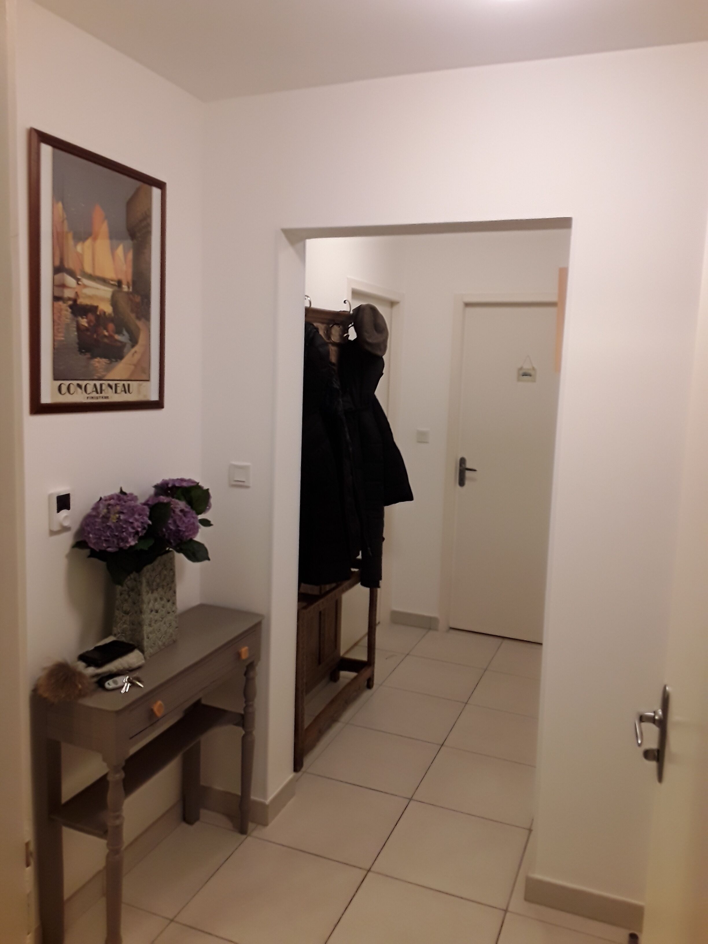 A hallway with a framed poster, a vase of flowers, and a coat rack.