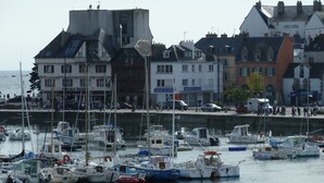 En lysthavn med forskellige både i havnen, en promenade langs vandet med bygninger, og en klar himmel.