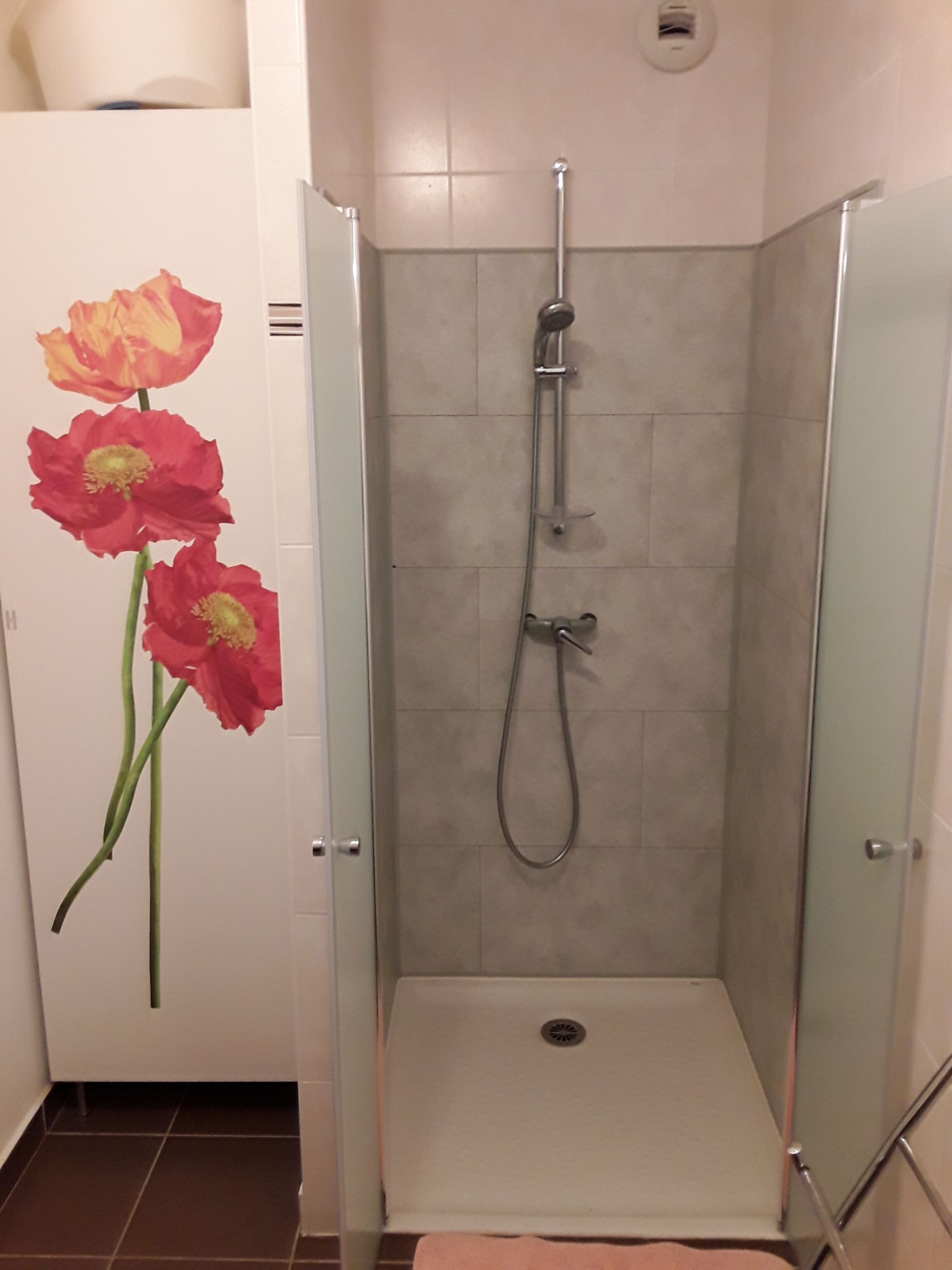 Une cabine de douche dotée d’une porte en verre, d’un pommeau de douche et d’un drain.
