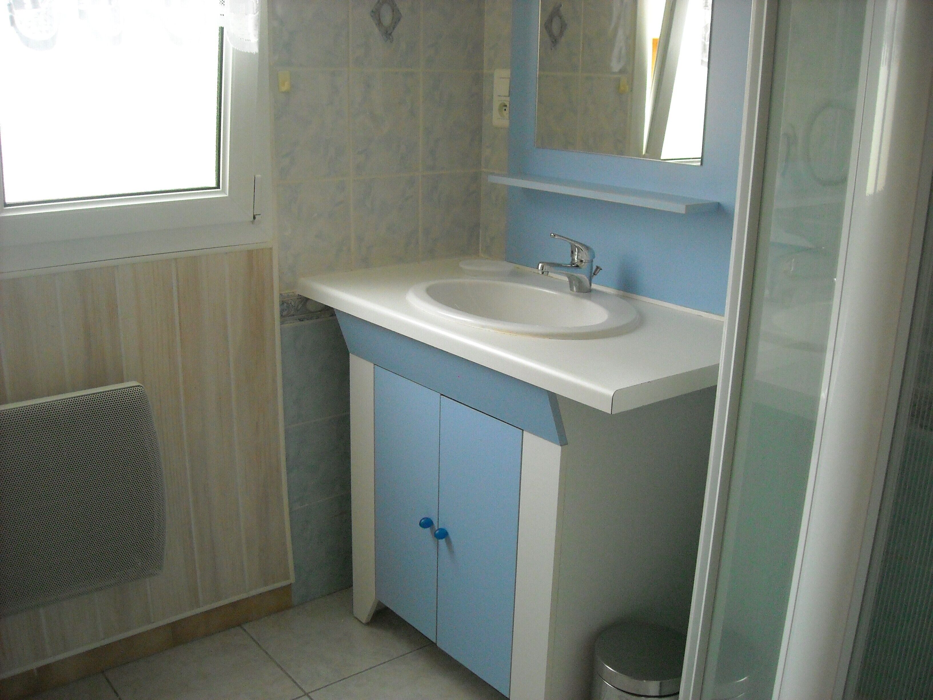 A bathroom with a white sink, blue cabinets, and a mirror above the sink.