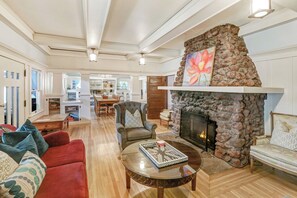 TV connectée, cheminée, livres, vidéothèque