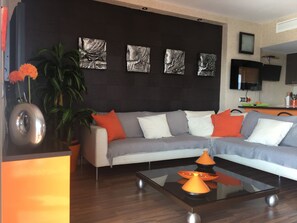 TV, fireplace, books - Panoramic view of the Mediterrannée, apartment on canal near beach  (Rosas)