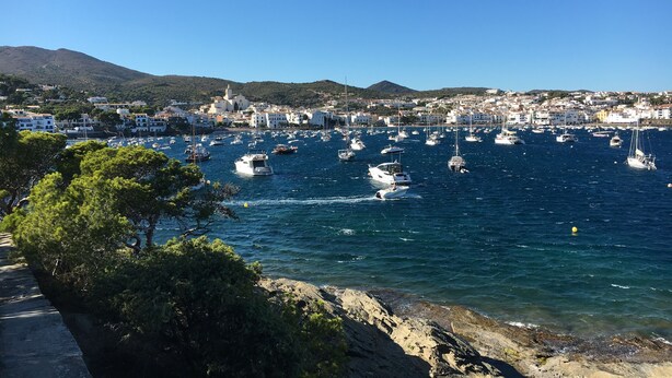 A coastal town with numerous boats docked in a marina, surrounded by buildings and greenery. - Panoramic view of the Mediterrannée, apartment on canal near beach  (Rosas)