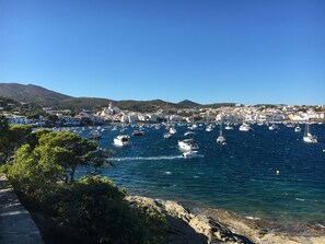 Une ville côtière où de nombreux bateaux sont amarrés dans une marina, entourée de bâtiments et de verdure.