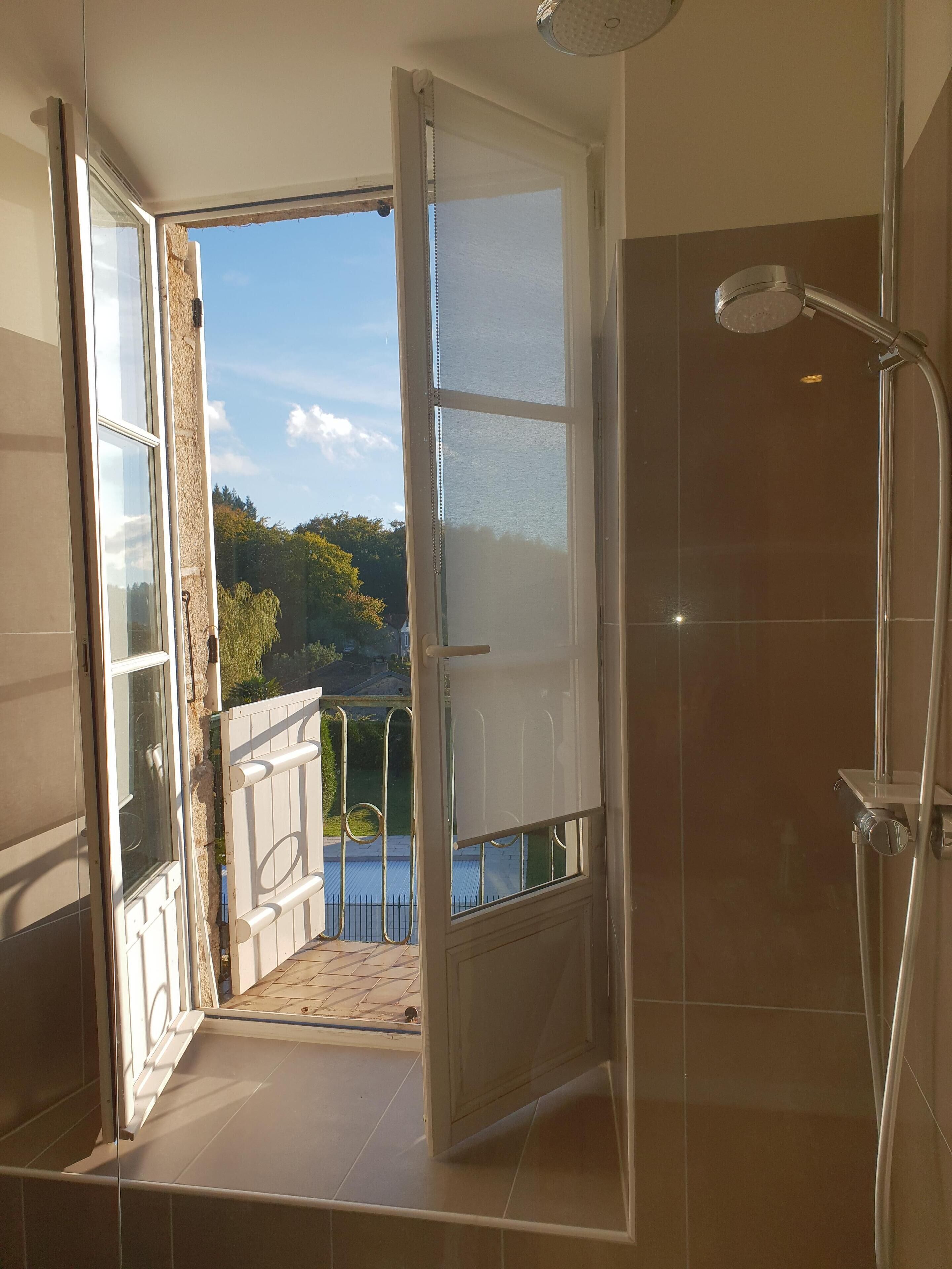 Combined shower/tub, hair dryer, bidet, towels
