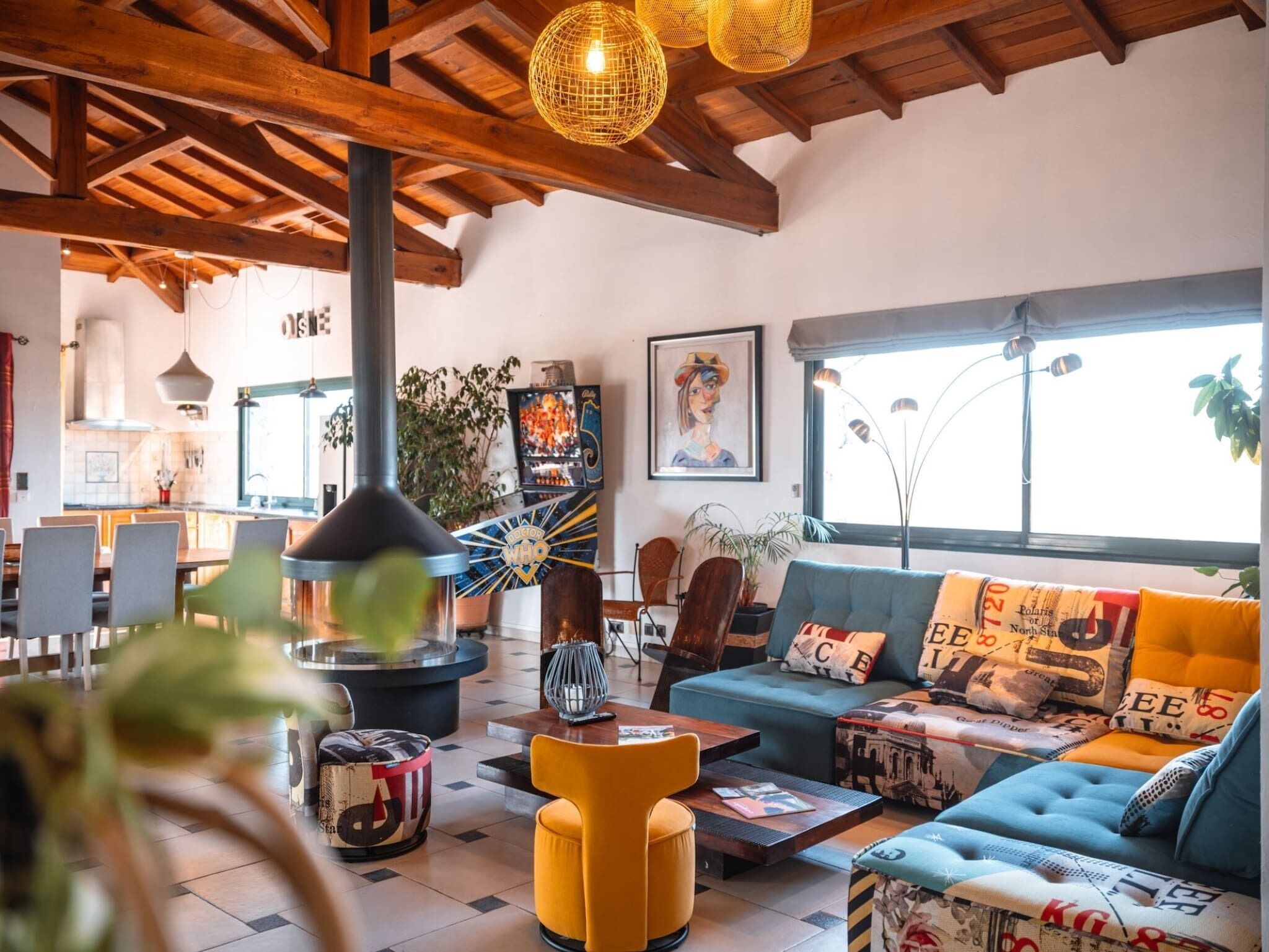 TV, fireplace, DVD player, foosball