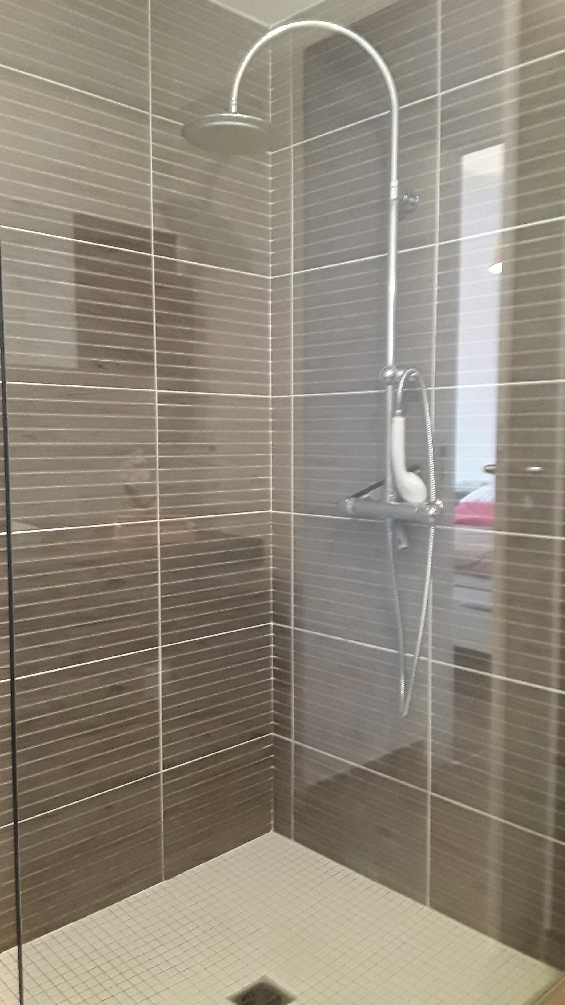 A glass-enclosed shower with a curved showerhead and a handheld showerhead.