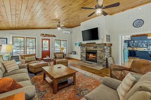 Smart TV, fireplace, DVD player, books