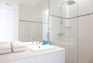 Shower, hair dryer, towels, toilet paper