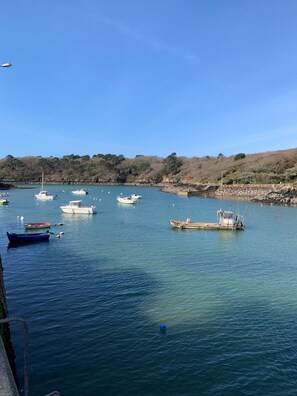 A harbor with various boats docked, calm water, and a rocky shoreline with sparse vegetation. - 3 *** FEET IN THE WATER, FACING THE SEA, access to the Beach,  F3 BRETAGNE SUD (Clohars-Carnoët)