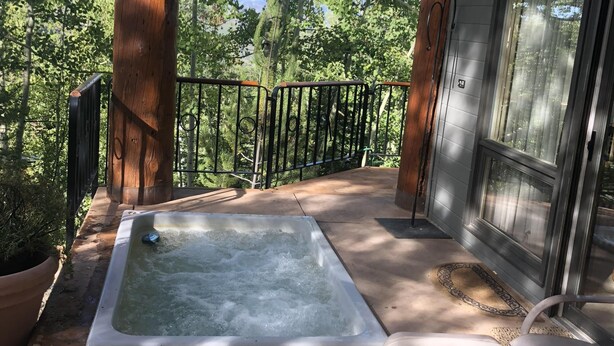 A wooden deck with a hot tub, a chair, and a potted plant. - Luxury Family Retreat. Ski-in Ski-Out.  Spectacular Mountain Views.  Sleeps 12  (Snowmass Village)