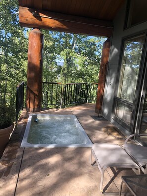 Une terrasse en bois avec un jacuzzi, une chaise et une plante en pot.