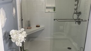 Un baño moderno con ducha envuelta en vidrio, un lavamanos blanco y un inodoro.