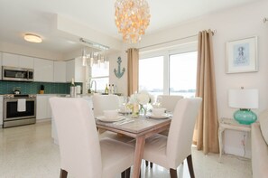 Une cuisine moderne avec des meubles blancs, une table à manger pour quatre personnes et une vue sur la ville grâce à de grandes fenêtres.