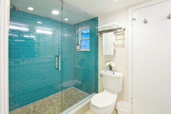 Un baño con cabina de ducha de vidrio, inodoro blanco y pared con azulejos.