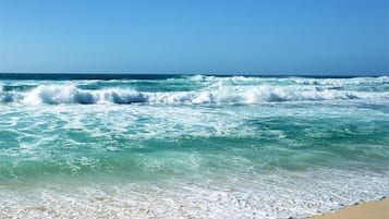 On the beach, sun-loungers