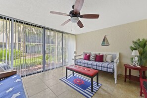 TV, DVD player, ping pong, books