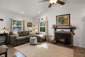 Smart TV, fireplace, books, stereo