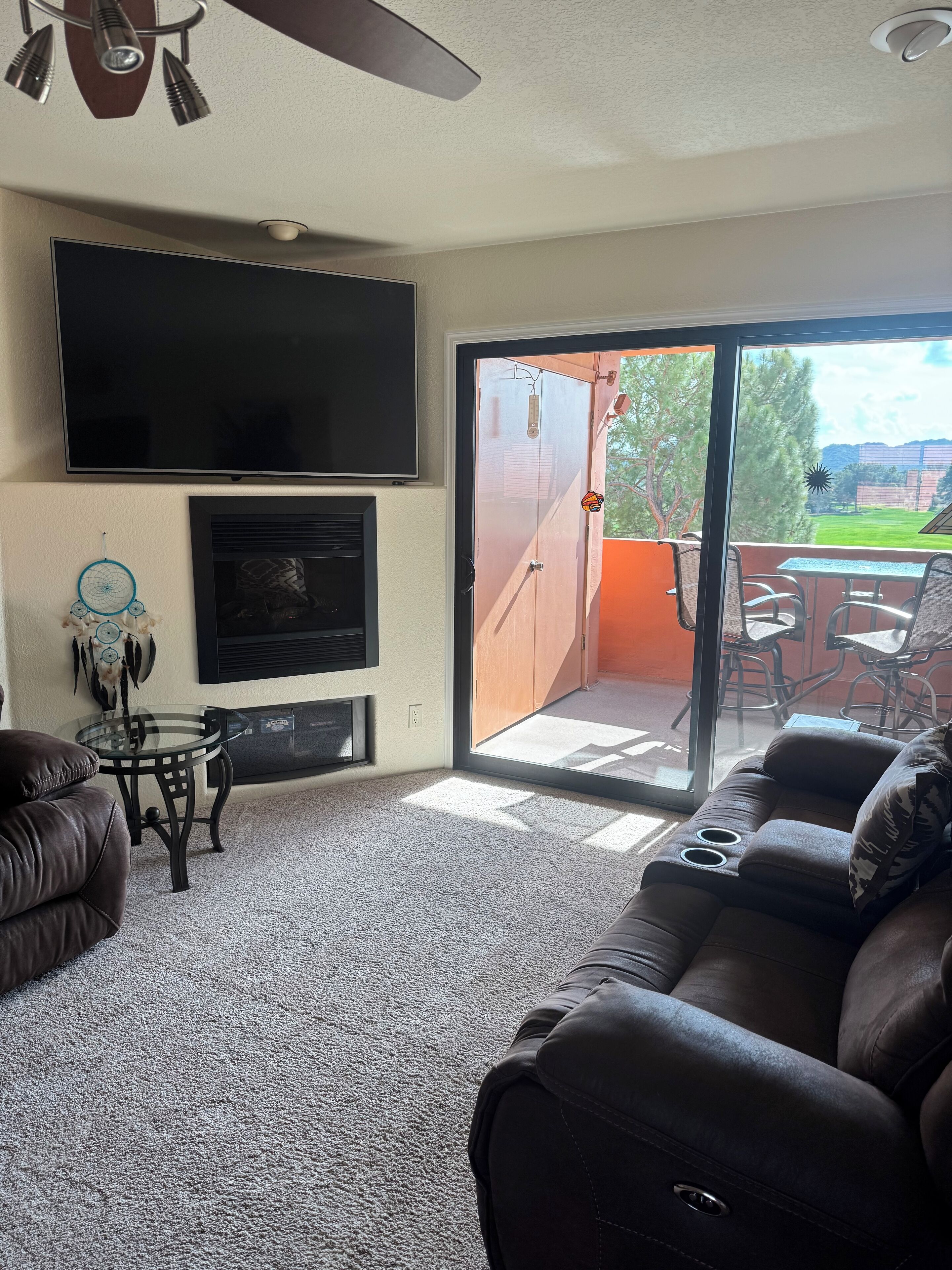 Smart TV, fireplace, DVD player, books