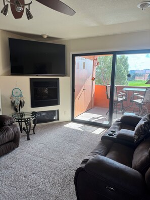 Smart TV, chimenea, reproductor de DVD y libros 