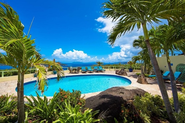 Expansive Pool Area from the Gardens Overlooking Caribbean Ocean and Hans Lollik