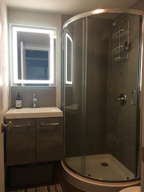 Combined shower/bathtub, hair dryer, towels, soap