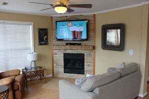 Smart TV, fireplace, DVD player, books