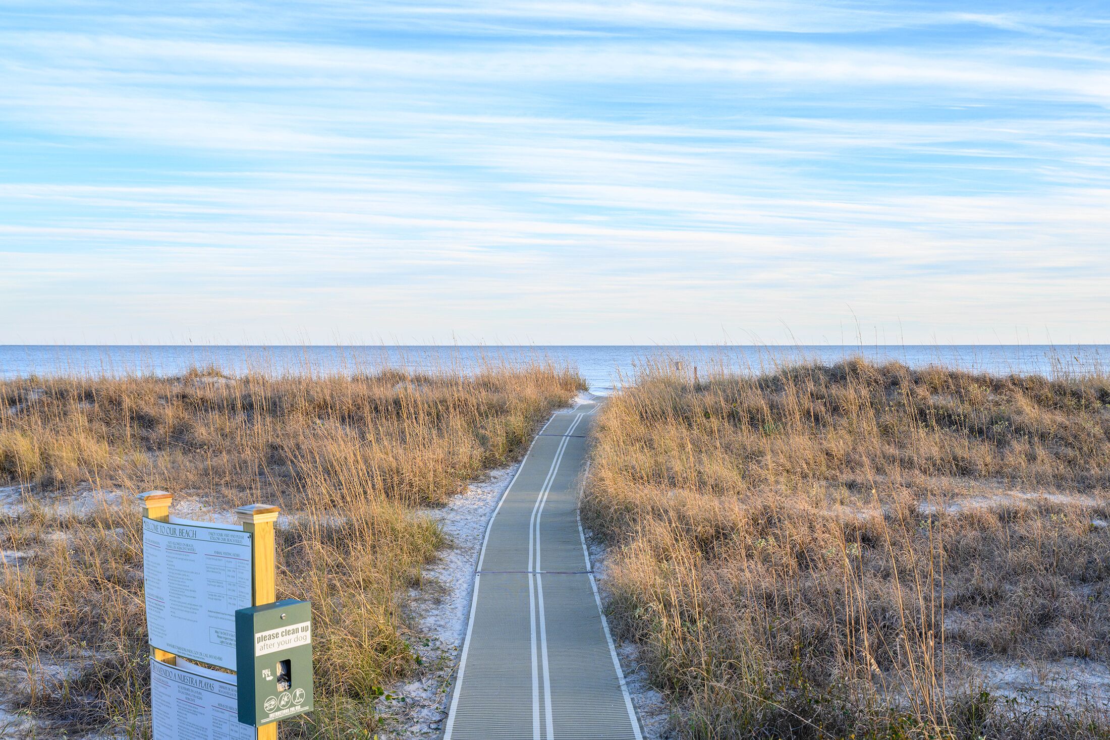 A paved pathway leading to the beach, flanked by tall grasses and a signboard.
